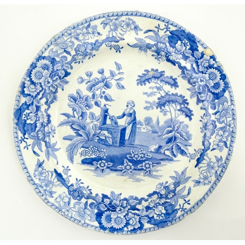 79 - Three items of blue and white comprising an oval plate marked Pratts Native Scenery, a crescent shap... 