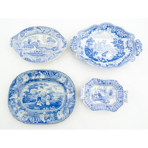 80 - Four assorted blue and white dishes to include a Copeland & Garrett dish of oval form with castle de... 