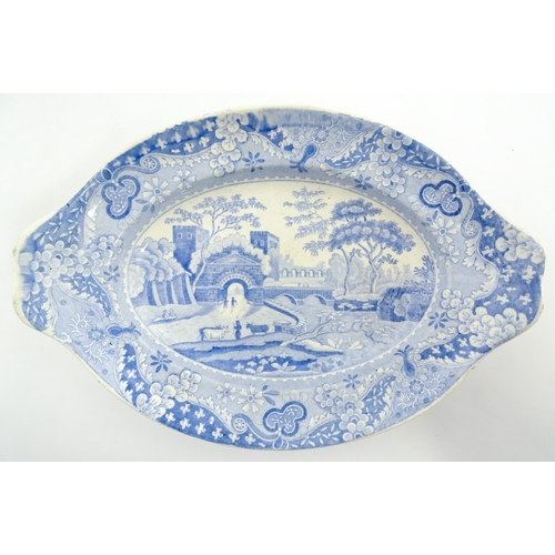 80 - Four assorted blue and white dishes to include a Copeland & Garrett dish of oval form with castle de... 