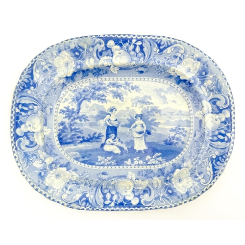 80 - Four assorted blue and white dishes to include a Copeland & Garrett dish of oval form with castle de... 