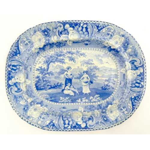 80 - Four assorted blue and white dishes to include a Copeland & Garrett dish of oval form with castle de... 