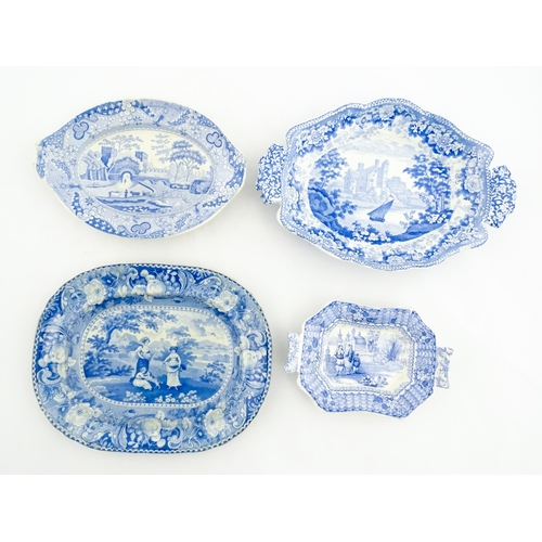 80 - Four assorted blue and white dishes to include a Copeland & Garrett dish of oval form with castle de... 