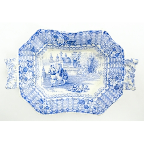 80 - Four assorted blue and white dishes to include a Copeland & Garrett dish of oval form with castle de... 