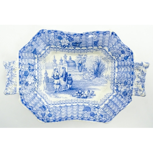 80 - Four assorted blue and white dishes to include a Copeland & Garrett dish of oval form with castle de... 