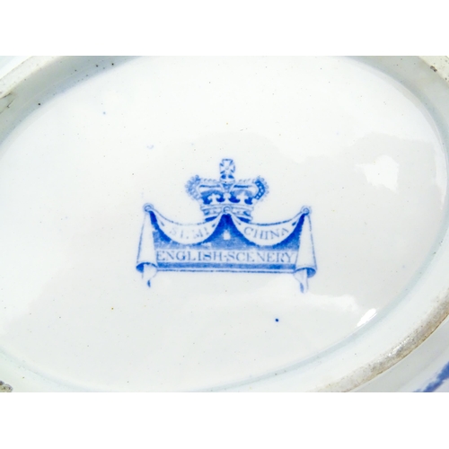 80 - Four assorted blue and white dishes to include a Copeland & Garrett dish of oval form with castle de... 