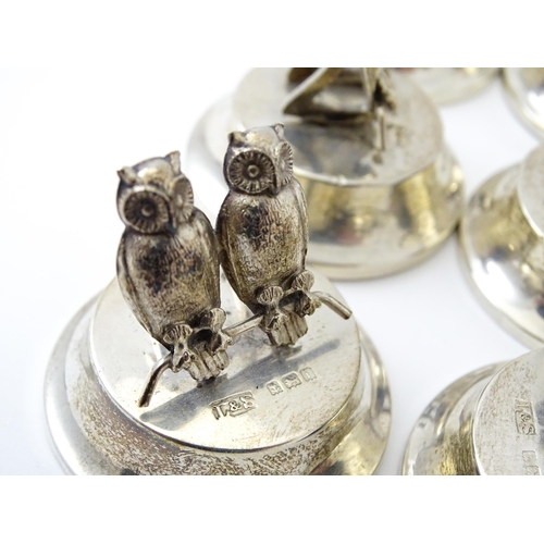 411 - A cased set of six novelty silver owl menu / place card holders, modelled as a pair of owls, hallmar... 