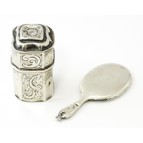 430 - A 19thC Dutch silver peppermint box with engraved decoration, c. 1868. Together with a miniature / c... 