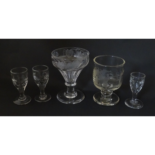 291 - Five assorted 19thC and later drinking glasses to include one with etched hop decoration, another wi... 