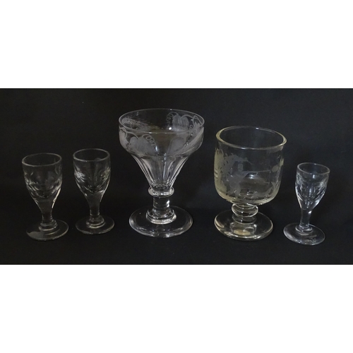 291 - Five assorted 19thC and later drinking glasses to include one with etched hop decoration, another wi... 