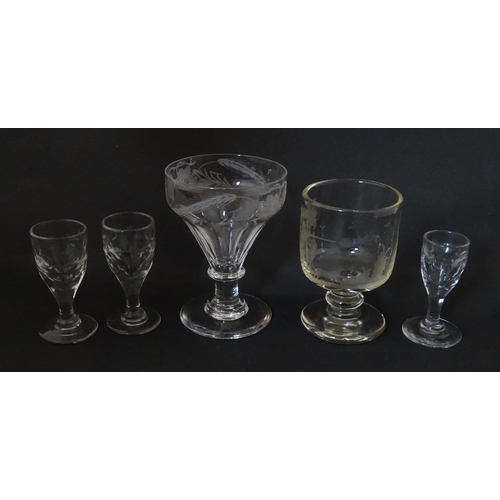 291 - Five assorted 19thC and later drinking glasses to include one with etched hop decoration, another wi... 