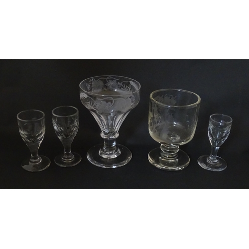 291 - Five assorted 19thC and later drinking glasses to include one with etched hop decoration, another wi... 