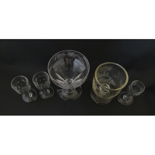 291 - Five assorted 19thC and later drinking glasses to include one with etched hop decoration, another wi... 