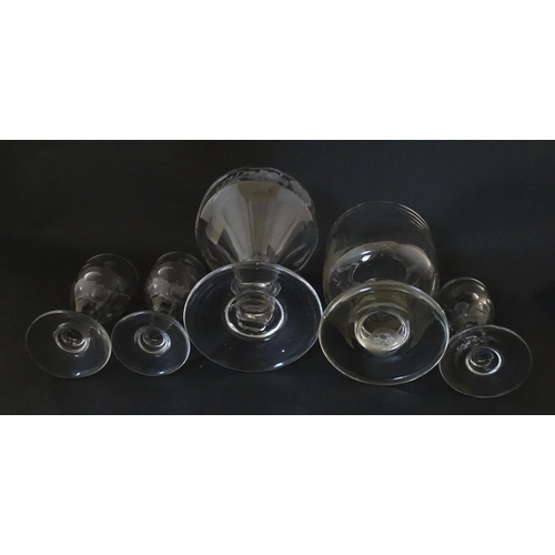 291 - Five assorted 19thC and later drinking glasses to include one with etched hop decoration, another wi... 