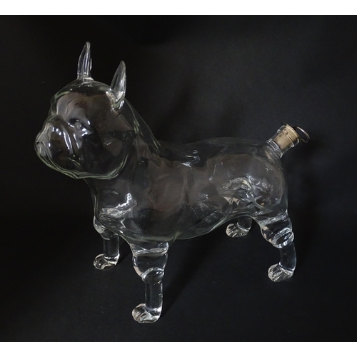 294 - A French novelty glass carafe / decanter modelled as a bulldog. Approx. 9 1/2