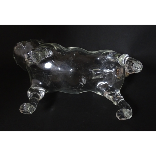 294 - A French novelty glass carafe / decanter modelled as a bulldog. Approx. 9 1/2