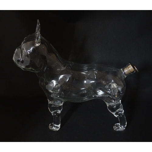 294 - A French novelty glass carafe / decanter modelled as a bulldog. Approx. 9 1/2