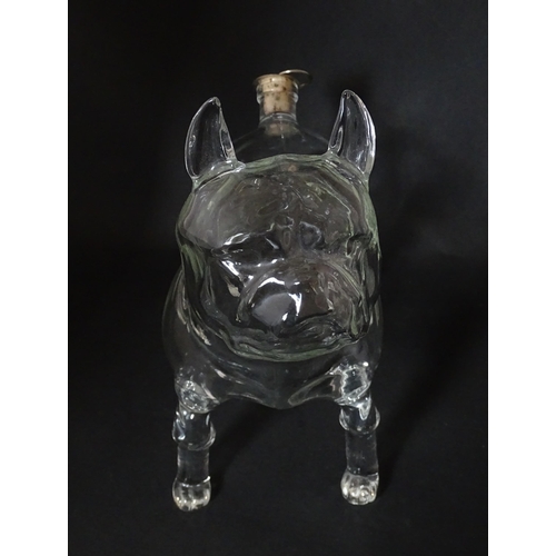 294 - A French novelty glass carafe / decanter modelled as a bulldog. Approx. 9 1/2