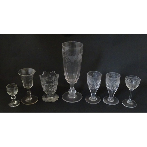 296 - A quantity of 19thC and later pedestal glasses one with etched barley decoration. Largest approx. 7 ... 