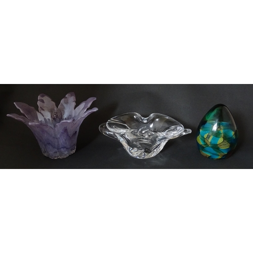 327 - Three various glass items to include a Mdina glass paperweight, a clear glass bowl by Sevres France,... 