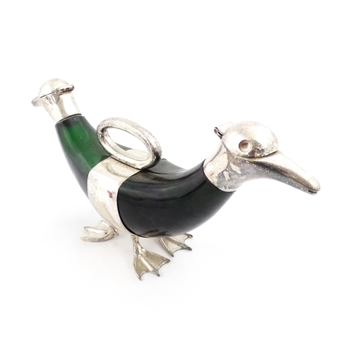 343 - A late 20thC novelty decanter / claret jug formed as a twin headed duck, the green glass body with s... 