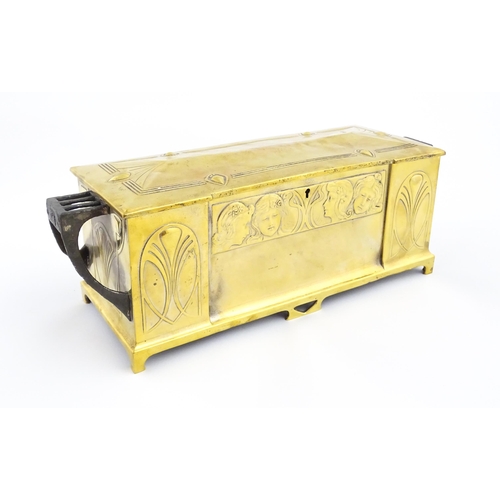 1200 - A WMF Art Nouveau brass casket / box with twin handles and hinged lid, decorated with four embossed ... 