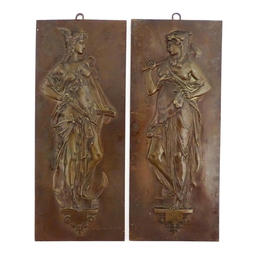 1204 - A pair of late 19thC cast plaques depicting goddesses, to include one with a winged helmet, caduceus... 