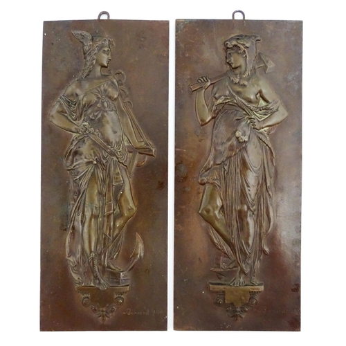 1204 - A pair of late 19thC cast plaques depicting goddesses, to include one with a winged helmet, caduceus... 