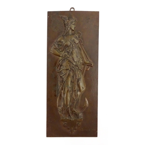 1204 - A pair of late 19thC cast plaques depicting goddesses, to include one with a winged helmet, caduceus... 