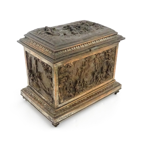 1214 - A French late 19thC electrotype jewellery box / cigar casket of rectangular form decorated with fete... 