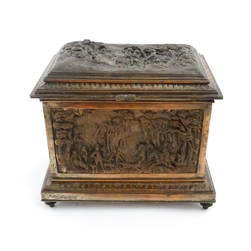 1214 - A French late 19thC electrotype jewellery box / cigar casket of rectangular form decorated with fete... 