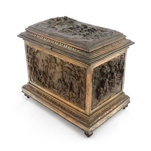 1214 - A French late 19thC electrotype jewellery box / cigar casket of rectangular form decorated with fete... 