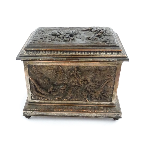 1214 - A French late 19thC electrotype jewellery box / cigar casket of rectangular form decorated with fete... 