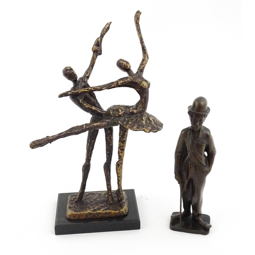 1221 - A 20thC cast modernist sculpture modelled as a couple dancing. Together with a cast bronze model of ... 