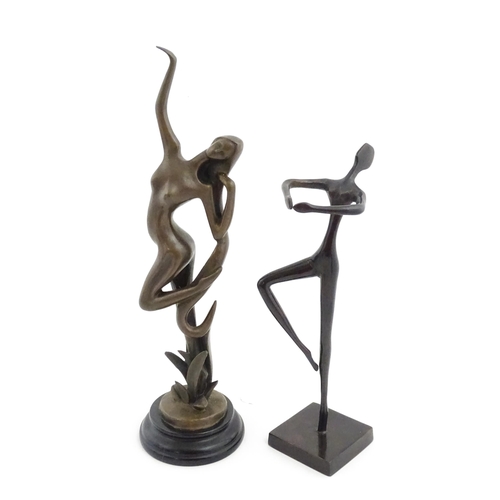 1222 - A 20thC cast sculpture modelled as an abstract female nude. Together with a modernist sculpture mode... 