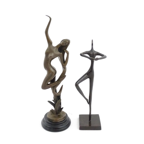 1222 - A 20thC cast sculpture modelled as an abstract female nude. Together with a modernist sculpture mode... 