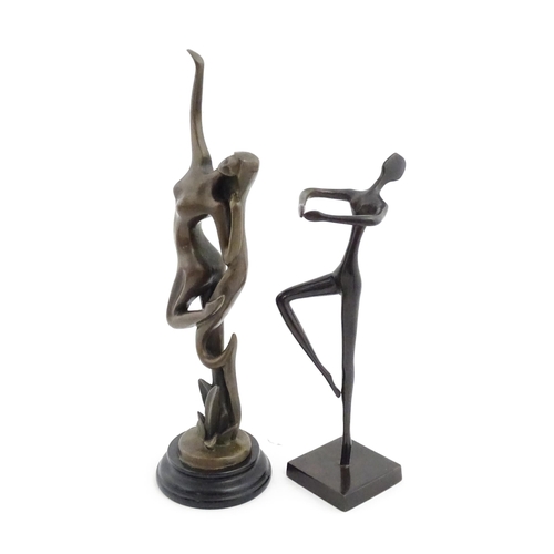 1222 - A 20thC cast sculpture modelled as an abstract female nude. Together with a modernist sculpture mode... 