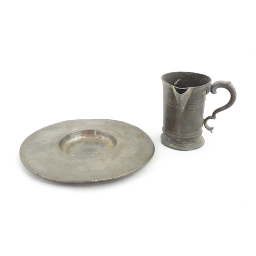 1309 - A 19thC pewter quart tankard with pouring spout, the base inscribed 'New Falcon Gravesend', together... 