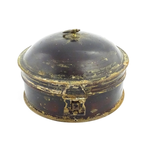 1326 - A Victorian toleware spice box of circular form with gilt detail, opening to reveal six sections wit... 