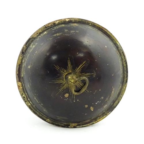 1326 - A Victorian toleware spice box of circular form with gilt detail, opening to reveal six sections wit... 