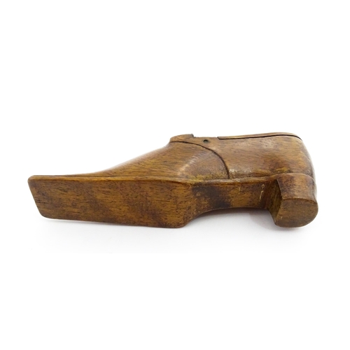 1348 - Treen : A large 19thC shoe snuff box with hinged lid and inlaid lozenge detail. Approx. 5