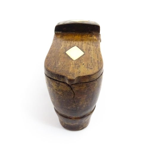 1348 - Treen : A large 19thC shoe snuff box with hinged lid and inlaid lozenge detail. Approx. 5