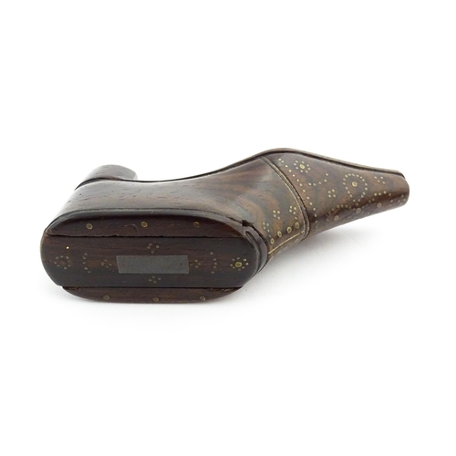 1349 - Treen : A 19thC shoe snuff box with sliding lid and inlaid brass studwork decoration. Approx. 4 1/4