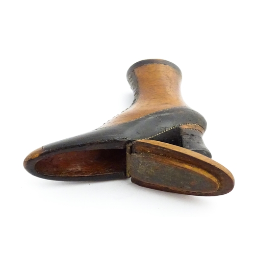 1350 - Treen : A 19thC shoe snuff box of heeled boot form with hinged lid to toe of boot and having studwor... 