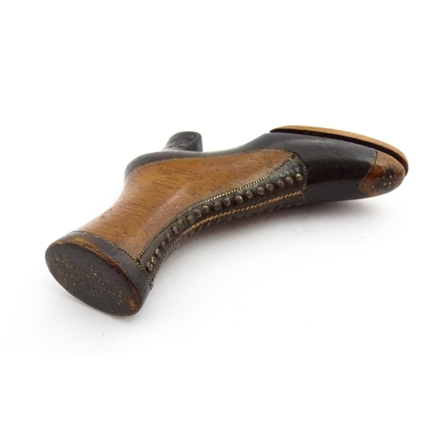 1350 - Treen : A 19thC shoe snuff box of heeled boot form with hinged lid to toe of boot and having studwor... 