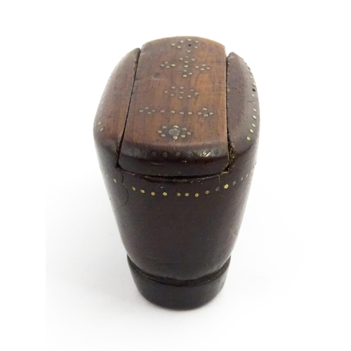 1351 - Treen : A 19thC shoe snuff box with sliding lid and inlaid brass studwork decoration. Approx. 3 1/2