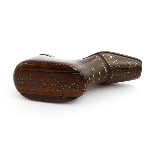 1351 - Treen : A 19thC shoe snuff box with sliding lid and inlaid brass studwork decoration. Approx. 3 1/2