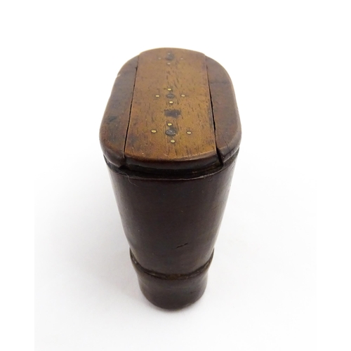 1353 - Treen : A 19thC shoe snuff box with sliding lid and inlaid brass studwork decoration. Approx. 3 3/4