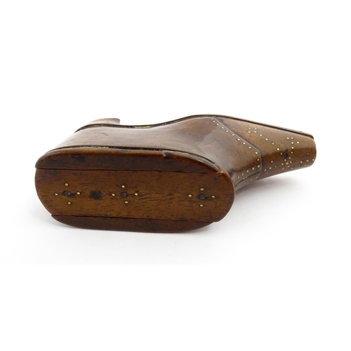 1353 - Treen : A 19thC shoe snuff box with sliding lid and inlaid brass studwork decoration. Approx. 3 3/4