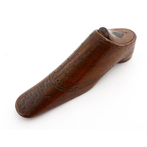 1355 - Treen : A 19thC shoe snuff box with incised decoration. Approx. 3 3/4