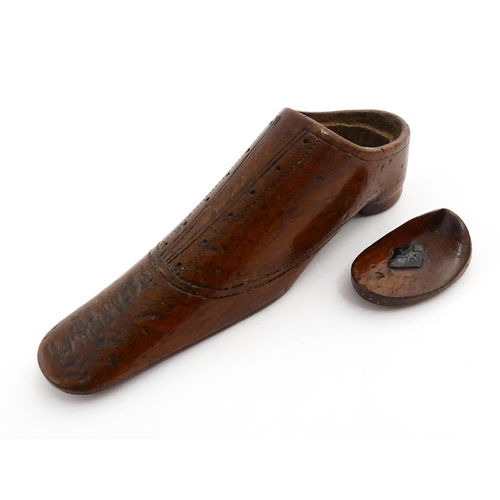 1355 - Treen : A 19thC shoe snuff box with incised decoration. Approx. 3 3/4